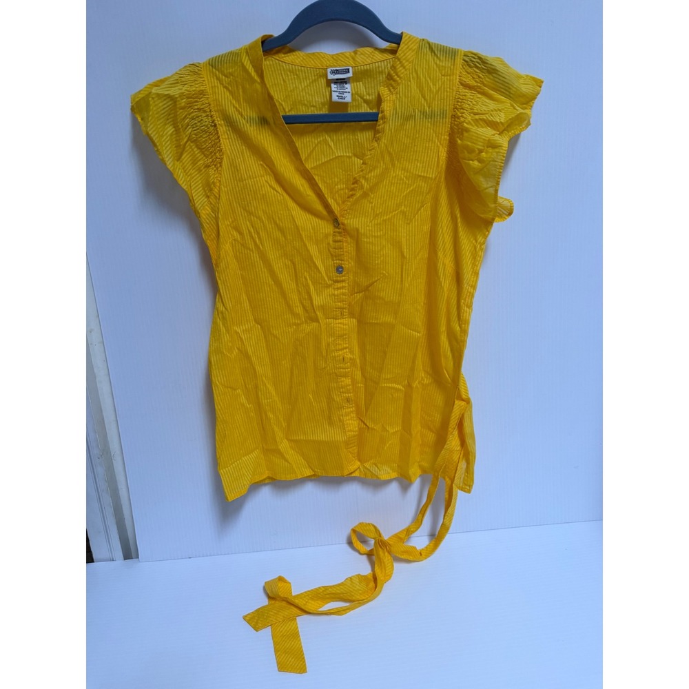 Route 66 Yellow Striped Cotton Blouse Smocked Ruffle Cap Sleeve Side Tie Small